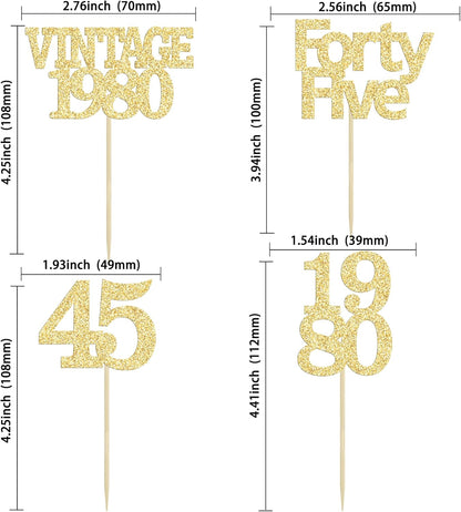 Gyufise 24Pcs 45th Birthday Cupcake Toppers Glitter Cheers to 45 Fabulous Forty Five Vintage 1980 Cupcake Picks 45th Birthday Wedding Anniversary Party Cake Decorations Supplies Gold