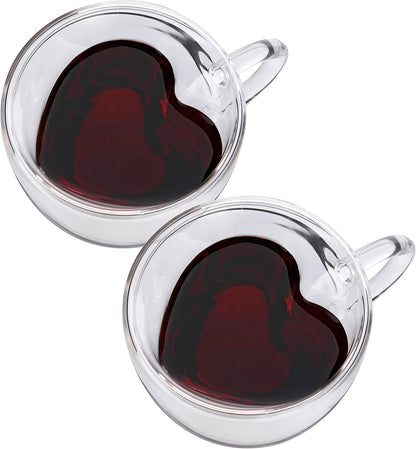 CNGLASS Mothers Day Gifts for Mom,Double Wall Heart Shaped Glass Coffee Mugs 8.5oz,Insulated Clear Tea Cups with Handle,Unique Glass Espresso Mugs for Coffee,Cappuccino,Latte,Milk,Set of 2