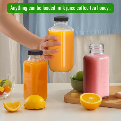 BIGIVACA 16 oz Glass Juice Bottles with Lids,12 PACK Bottles for Juicing,Square Drinking Jars Glass for Coffee,Cola,Milk,Tea in Travel,Work,School