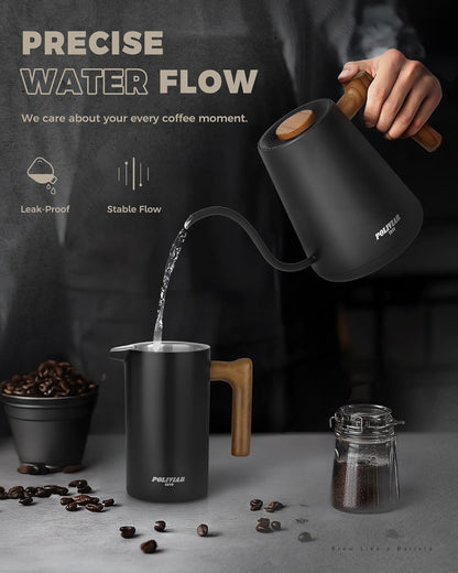 POLIVIAR Electric Gooseneck Kettle, 1350W Electric Tea Kettle Wood Pattern Handle, 34oz Pour Over Electric Kettle for Coffee & Tea, 18/8 Stainless Steel Inner, Temperature Control & Rapid Heating