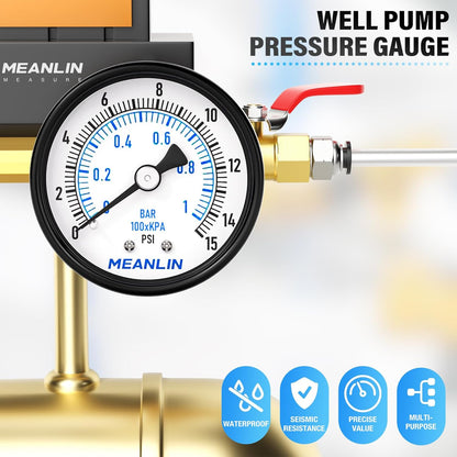 MEANLIN MEASURE 0-15Psi Well Pump Pressure Gauge 1/4" NPT 2" FACE DIAL for Water Oil Air Well Pump Tank Tire Pressure Test Back Mount, with Teflon Tape