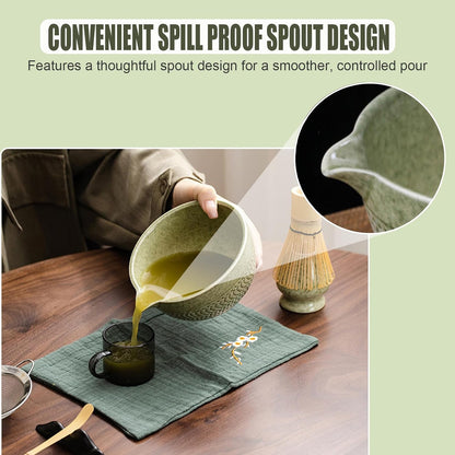 Ceramic Japanese Style Matcha Bowl Whisk Holder Temperature Resistant Braid Textured Matcha Tea Bowl Set With Spout for Trip (Light Green)