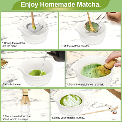 7 Pcs Matcha Whisk Set, Matcha Set with Ceramic Bowl, Bamboo Scoop, Whisk, Whisk Holder, Sifter, Spoon and Scoop Holder, Matcha Kit for Matcha Lover (White)