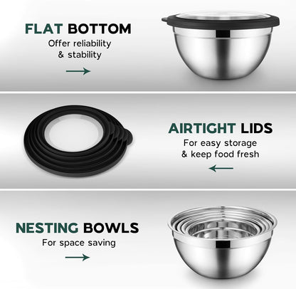 Stainless Steel Mixing Bowls with Black Lids, Metal Nesting Mixing Bowl Set of 5 - Size 1.5, 2, 2.6, 3.5, 4.6QT