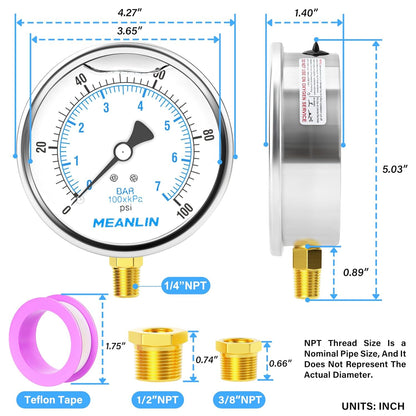 MEANLIN MEASURE 0~100Psi Stainless Steel 1/4" NPT 4" FACE DIAL Liquid Filled Pressure Gauge WOG Water Oil Air Lower Mount, with 1/2" NPT and 3/8" NPT Hex Bushing