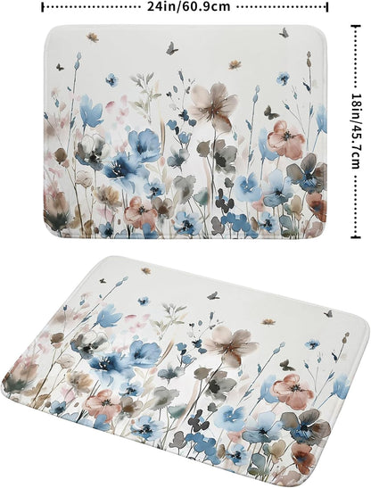 Giwawa Watercolor Floral Dish Drying Mat, 18"x24" Blue Grey Brown Flowers Kitchen Drainer Mats, Spring Summer Wildflower Microfiber Large Dish Drying Pad for Countertop Tabletop Decoration