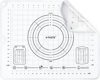 U-Taste Liquid Silicone Pastry Mat: 16"x20" Food-Grade Non-Stick Dough Rolling Baking Sheet, Non Slip for Kneading Prep Pizza, Fondant, Pie Crust with Clear Measurement and Raised Edges (Transparent)