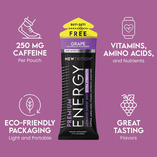 NewTrition® Extra Strength Energy Shots, 250mg Caffeine Energy Shots with Vitamin B & Amino Acids, Sugar-Free Vitamin Energy Shot, 1.7 fl oz (Pack of 24, Grape)