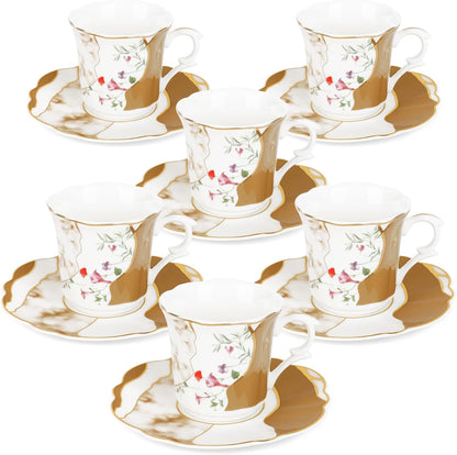 fanquare 2.5 Ounce Demitasse Cup and Saucers, 12 Pieces Ceramic Espresso Cups Set of 6, Brown Marble Pattern Espresso Mugs for Coffee Bar Home