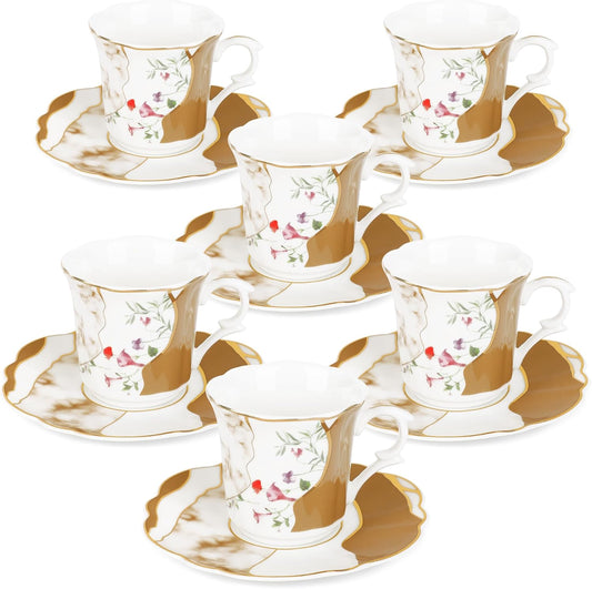 fanquare 2.5 Ounce Demitasse Cup and Saucers, 12 Pieces Ceramic Espresso Cups Set of 6, Brown Marble Pattern Espresso Mugs for Coffee Bar Home