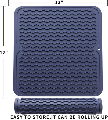 Silicone Dish Drying Mat for Multiple Usage,Easy clean,Eco-friendly,Heat-resistant Silicone Mat for Kitchen Counter or Sink,Refrigerator or Drawer liner Navy Blue M 12 inches x 12 inches