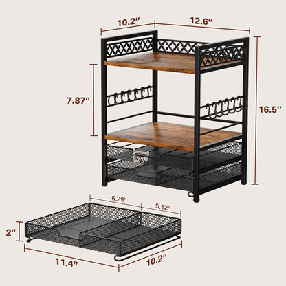 Coffee Bar Organizer Countertop Station Shelf - 4 Tier Mug Holder Stand With 12 Hooks, 30 K Cup Pod Drawer, Multifunctional Shelf for Accessories Kitchen