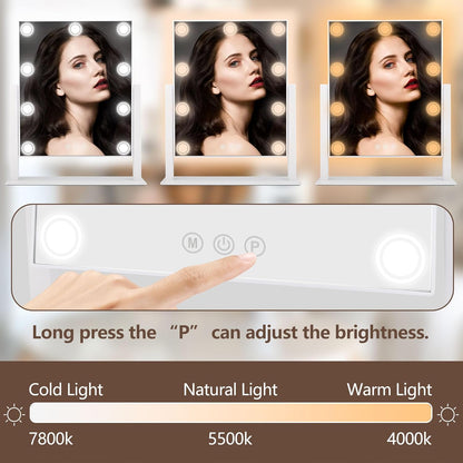 Lighted Makeup Mirror, 14"x 12" Hollywood Vanity Mirror with 9 LED Bulbs, 3 Color Lights, and Detachable 10X Magnification Mirror, 1200mAh Rechargeable, Touch Control, 360°Rotation (White)