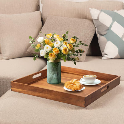 22-INCH Huge Ottoman Tray for for Living Room Large Wood Trays for Ottoman Square Wooden Serving Trays with Handles Decorative Trays for Party, Food Serving, Breakfast, Dinner, Coffee Tea, Appetizers