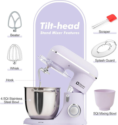 Kitchen in the box Stand Mixer, 4.5QT+5QT Two bowls Electric Food Mixer, 10 Speeds 3-IN-1 Kitchen Mixer for Daily Use with Egg Whisk,Dough Hook,Flat Beater (Lilac, 5QT)