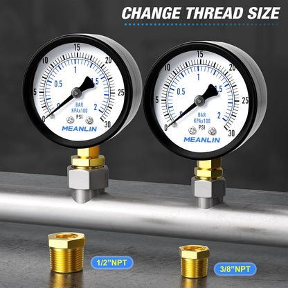 MEANLIN MEASURE 0-30Psi 2" DIAL FACE 1/4" NPT Well Pump Pressure Gauge, with 1/2" NPT and 3/8" NPT Hex Bushing, 3-2-3% Accuracy, Lower Mount