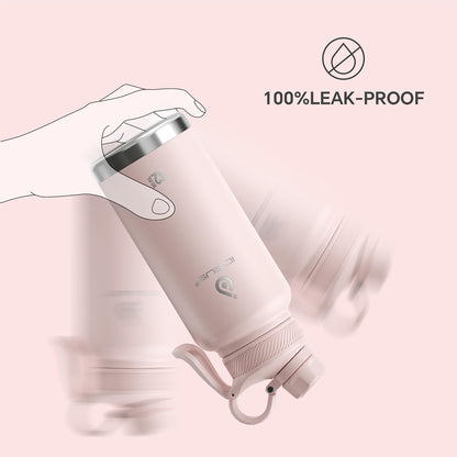 IDEUS Insulated Stainless Steel Water Bottle with 2 Leak-Proof Lids, Thermal Water Flask for Hiking Biking, 32oz, Light Pink