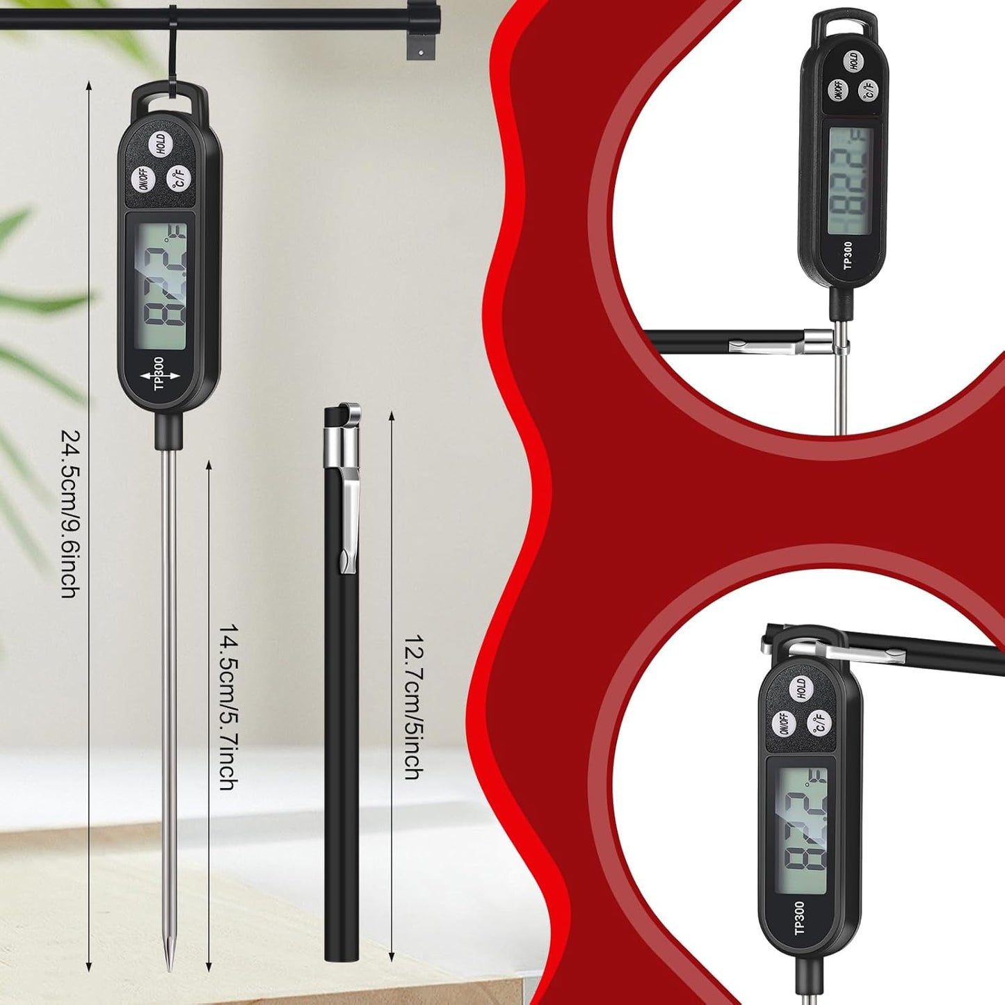 6 Pcs Meat Thermometer Food Thermometer with Probe Water Liquid Instant Read Digital Thermometer Cooking Thermometer Supplies BBQ Kitchen Thermometer for Cooking Milk Yogurt (Black)
