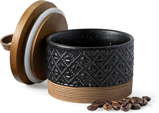 Mini Ceramic Jars with Airtight Lid, Coffee Container Canister Kitchen Food Storage Jar with Lid for Spice Sugar Tea Bag, Stackable Decorative Jars for Countertop, Pantry, Black & 5 fl.oz