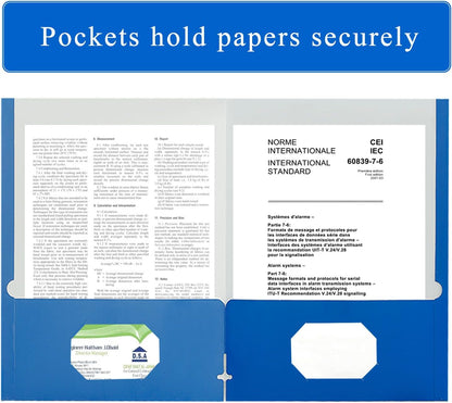 Zzrywuty File Folders with Pockets Letter Size, 100-Pack Paper Folders with Card Slot, Two Pocket Folders for School Students, Businessmen, Home and Office Workers（Blue）