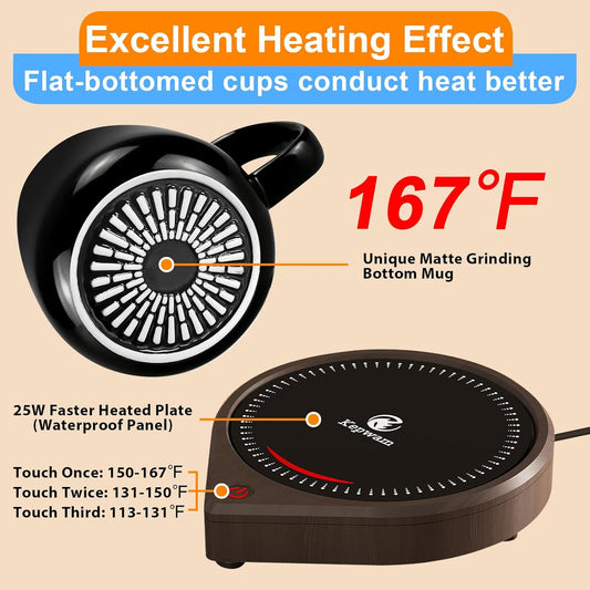 Coffee Mug Warmer & Kepwam Mug Set, 3 Temp Settings up to 167℉, Gravity Sensor & Light Display, Cup Warmer with 6H Auto Shut Off, Idealt Gift for Dad Mom, Beverage Warmer for Heats Coffee, Tea & More