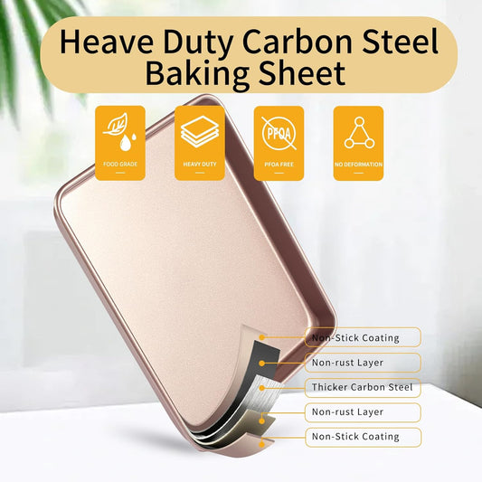 Baking Sheet Tray 9 x 11 Inch Cookie Sheet Nonstick, 2-Pack Heavy Duty Small Baking Pans, Carbon Steel, Gold - Bakeware Sets for Cookies, Roasting, Oven Safe, Easy to Clean