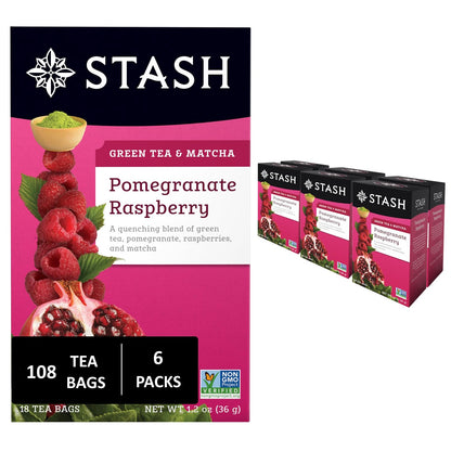 Stash Tea Pomegranate Raspberry & Matcha Green Tea - Caffeinated, Non-GMO Project Verified Premium Tea with No Artificial Ingredients, 18 Count (Pack of 6) - 108 Bags Total