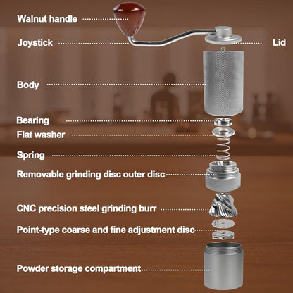 Manual Coffee Grinder Detachable Stainless Steel Conical Burr Aluminum Coffee Bean Grinder with 25 Grinding Settings Cleaning Brush Grindable Espresso Moka Pot French Press for Camping Silver