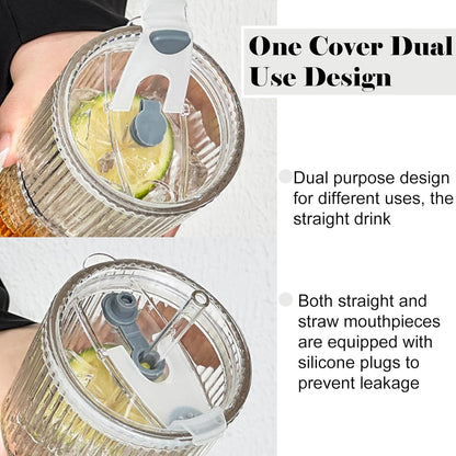 2 Pack Iced Coffee Cup with Lids, 20oz Clear Glass Tumbler with Straw & Lid, Ribbed Glassware Cups, Dishwasher Safe Drinking Glasses, Stylish Glass Cups for Coffee, Juice, Tea, Matcha