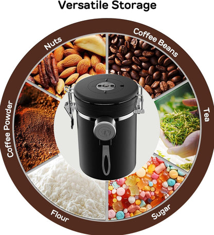 Coffee Gator Coffee Canister, 22oz Airtight Stainless Steel Kitchen Food Storage Container with Date Tracker, Valve, Scoop for Sugar, Grounds, Beans, Tea, Sugar, Cereal, Flour, Cookies Jars - Black