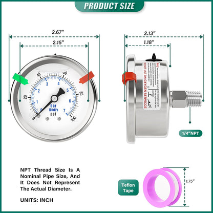 0-100PSI Stainless Steel Liquid Filled Pressure Gauge, 2.5" Dial Size, 1/4" NPT 316 Stainless Steel Joint, Back Mount, for Tube, Water Pump, Gas, Liquid (with Range Mark Pointer)