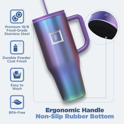 IRON °FLASK Co-Pilot Insulated Mug w/Straw & Flip Cap Lids - Cup Holder Bottle for Hot, Cold Drink - Leak-Proof - Water, Coffee Portable Travel Mug - A Morning Mist, 40 Oz