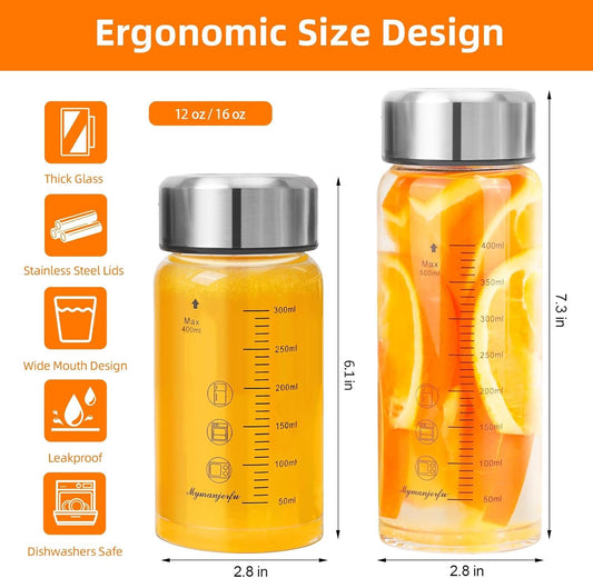 Glass Juice Bottles 4 Pack 12 oz - Wide Mouth Glass Water Bottles with Lids - for Juicing, Smoothies, Milk, Protein, BPA Free, Reusable, Stainless Steel Lids, Leak Proof, Shaker bottle (12oz/400ml)