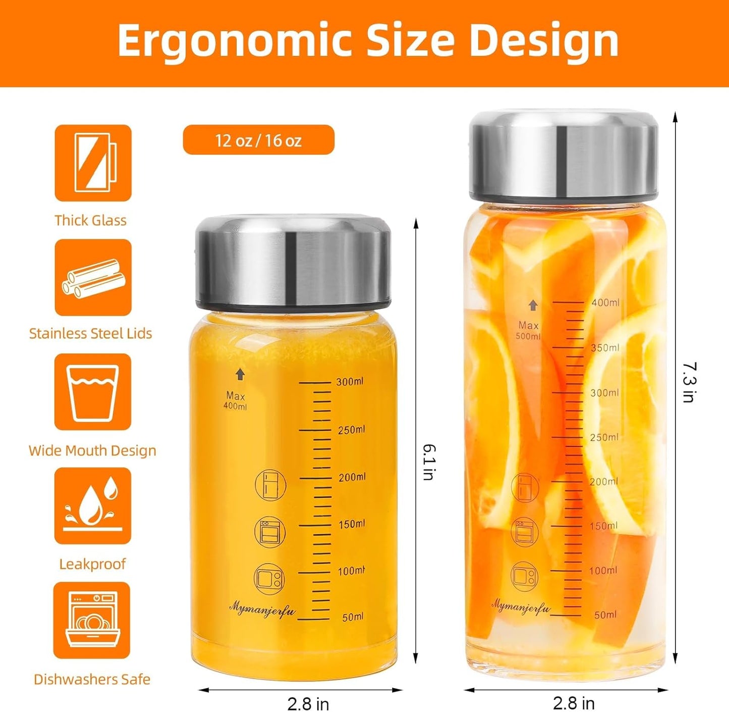 Glass Juice Bottles 12 oz - Wide Mouth Glass Water Bottles with Lids and Sleeve- for Juicing, Smoothies, Milk, Protein, Reusable, Stainless Steel Lids, Leak Proof, Shaker bottle (12oz/400ml)