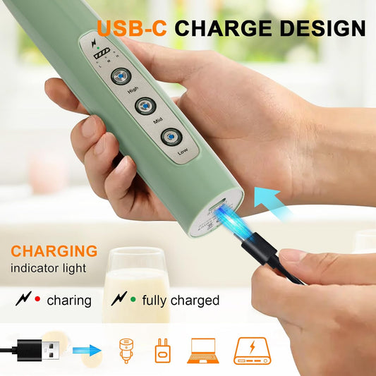 YUSWKO Granite Rechargeable Milk Frother for Coffee with Stand, Handheld Drink Mixer with 3 Heads 3 Speeds Electric Stirrers for Latte, Cappuccino, Hot Chocolate, Egg