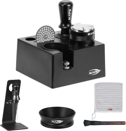 IKAPE 53MM Black Espresso Tool Set 8 IN 1, Coffee Tamper, Distributor, Magnetic Funnel, Puck Screen, Tamper Station, Stirrer Distribution Tool, Cleaning Towel and Brush