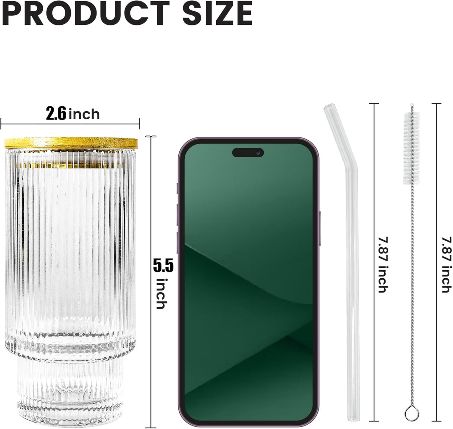4 Pcs 11 oz Drinking Glasses Cups Set with Bamboo Lids Straws Brush Ribbed Vintage Glassware Set for Tea Iced Coffee Beer Cocktail Whiskey(Ribbed*4)