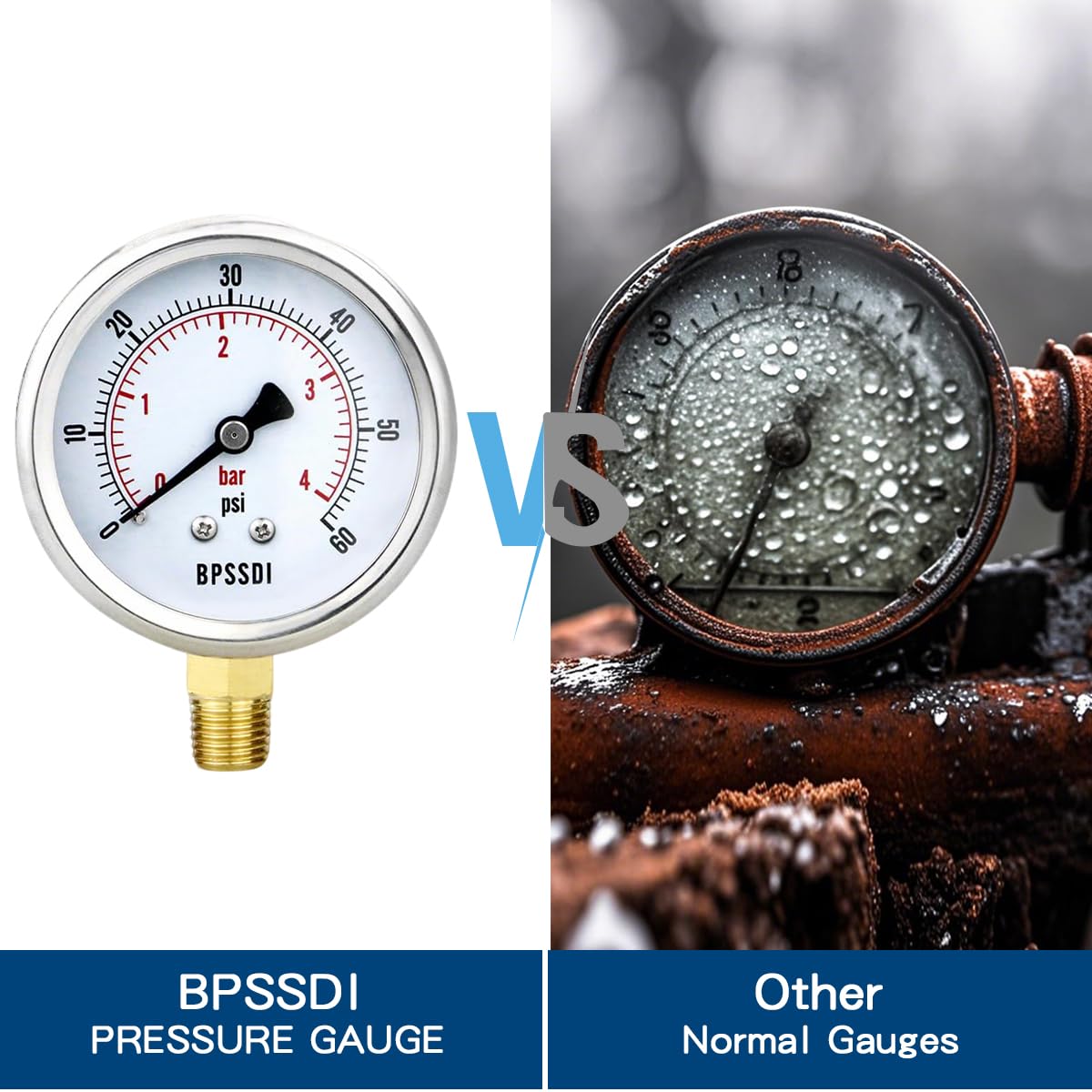 0-60 Psi Low Pressure Gauge, 2.5" Dial Size, 1/4" NPT Lower Mount, 304 Stainless Steel Case, Water Pressure Gauge Test for Water Pump, Pneumatic Air, RV Hose(with Tape)