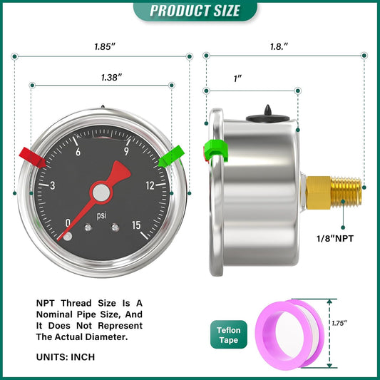 0-15PSI Stainless Steel Glycerin Filled Pressure Gauge 1.5" Black Dial Size, 1/8" NPT Back Mount, for Tube, Water Pump, Gas, Liquid, Pressure Test (with Range Mark Pointer)