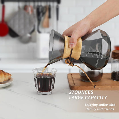 Mongdio 27 Oz Pour Over Coffee Maker with Stainless Steel Filter and Wooden Collar Holder, Borosilicate Glass Coffee Maker for Camping Home, 800ML/27OZ, Gray