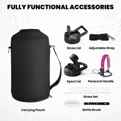 One Gallon Water Bottle Insulated, Triple Walled Vacuum Stainless Steel (Cold for 48 Hrs), Leak Proof & Non-BPA, Large Water Flask Jug with Paracord Handle & Straw Spout Lids