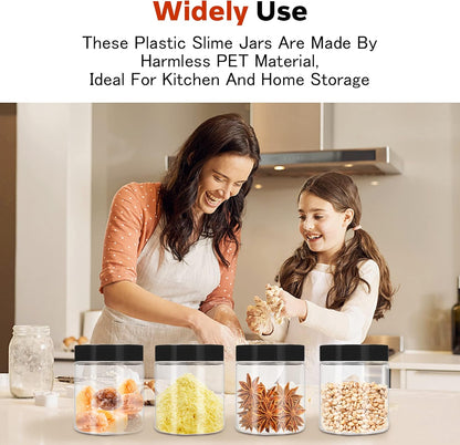 Plastic Jars with Lids 48 Pcs 8 oz & 3.4 oz Clear Plastic Slime Storage Jars Containers with Airtight Black Screw On Lids Cylinder Clear Round Jar Easy Clean Food Grade Durable Jar