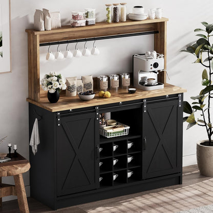 4ever2buy Farmhouse Coffee Bar Cabinet with Storage, 47'' Buffet Cabinet with Hutch and Sliding Barn Door, Coffee Bar with 9 Wine Racks and 6 Hooks for Dining Room, Living Room, Black