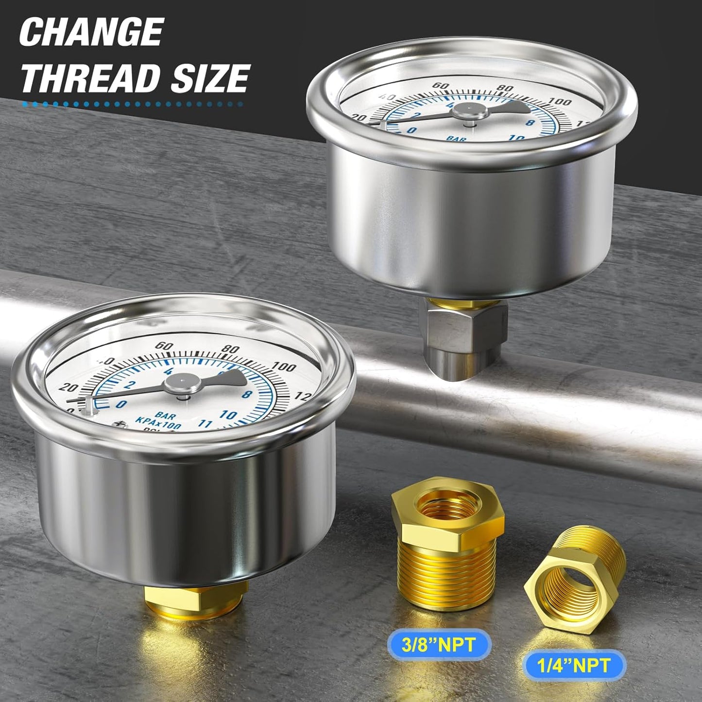 MEANLIN MEASURE 0~160Psi Dry Pressure Gauge Stainless Steel 1/8" NPT 2" FACE DIAL Waterproof for Air Compressor RV Regulator Water Pressure Tester Back Mount with 1/4" NPT and 3/8" NPT Hex Bush