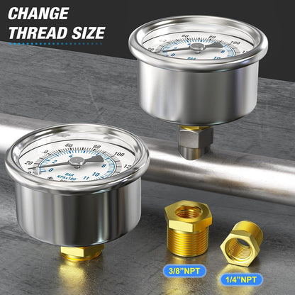 MEANLIN MEASURE 0~160Psi Dry Pressure Gauge Stainless Steel 1/8" NPT 2" FACE DIAL Waterproof for Air Compressor RV Regulator Water Pressure Tester Back Mount with 1/4" NPT and 3/8" NPT Hex Bush