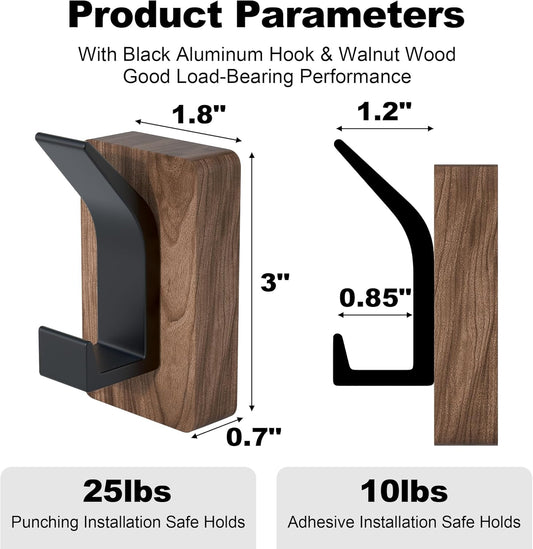 4 PCS Black Walnut Wood Wall Hooks Adhesive Mounted & Wall Mounted Rustic Decorative Entryway Hooks Mid Century Modern Natural Wooden Pegs for Hanging Coat Clothes Hat Bag Purse and Towel