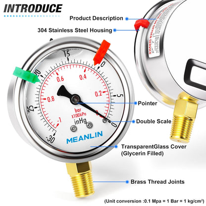 MEANLIN MEASURE -30inHG~0Psi Vacuum Pressure Gauge 1/4" NPT 2.5" FACE DIAL, Stainless Steel Liquid Filled Pressure Gauge WOG Water Oil Air Lower Mount (with 2PCS Snaps)