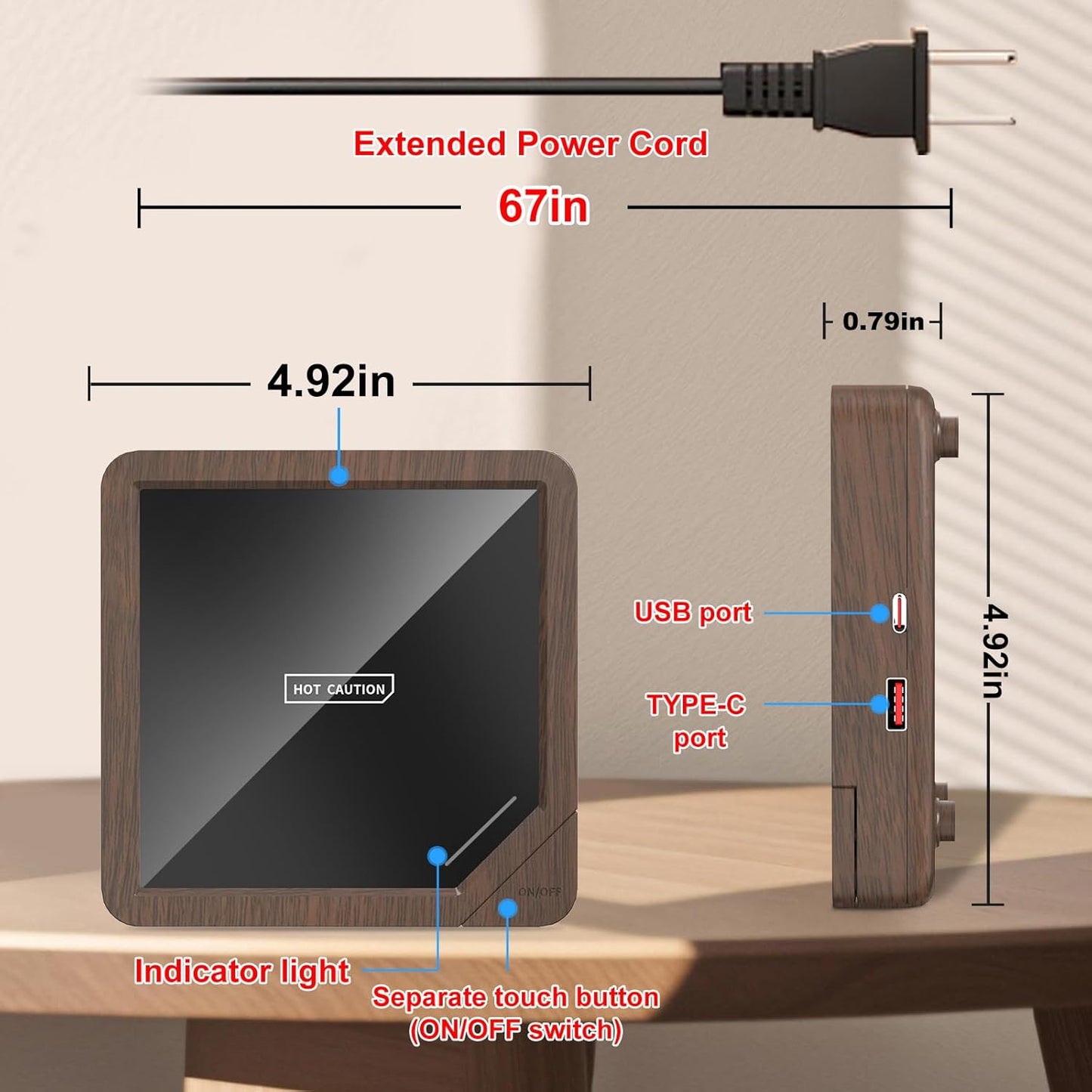 Coffee Mug Warmer with 2 USB Charging Ports: Auto Shut-Off Candle Wax Warmer - Heated Beverage Coffee Accessories for Home Office Desk - U1 Wood