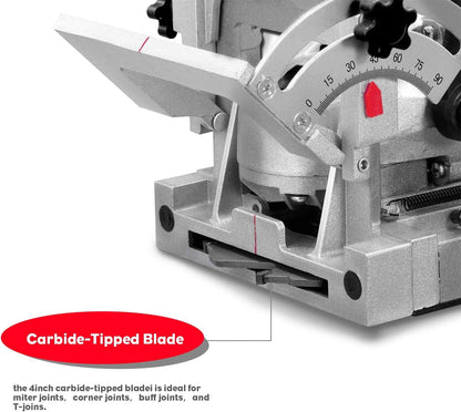 AOBEN Biscuit Cutter Plate Joiner 8.5 Amp With No. 0 Wood(30 Pcs) No. 10 Wood(30 Pcs) No. 20 Wood(50 Pcs), 4" Tungsten Carbide Tipped Blade, Adjustable Angle And Dust Bag
