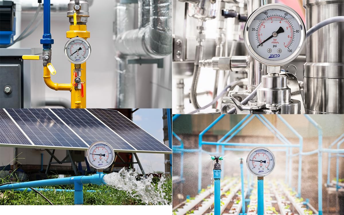 Pressure Gauge,Liquid Filled,2.5" Dia,0-100 psi/bar/kpa,1/4" NPT Back Mount, Polycarbonate Lens Window, Stainless Steel case